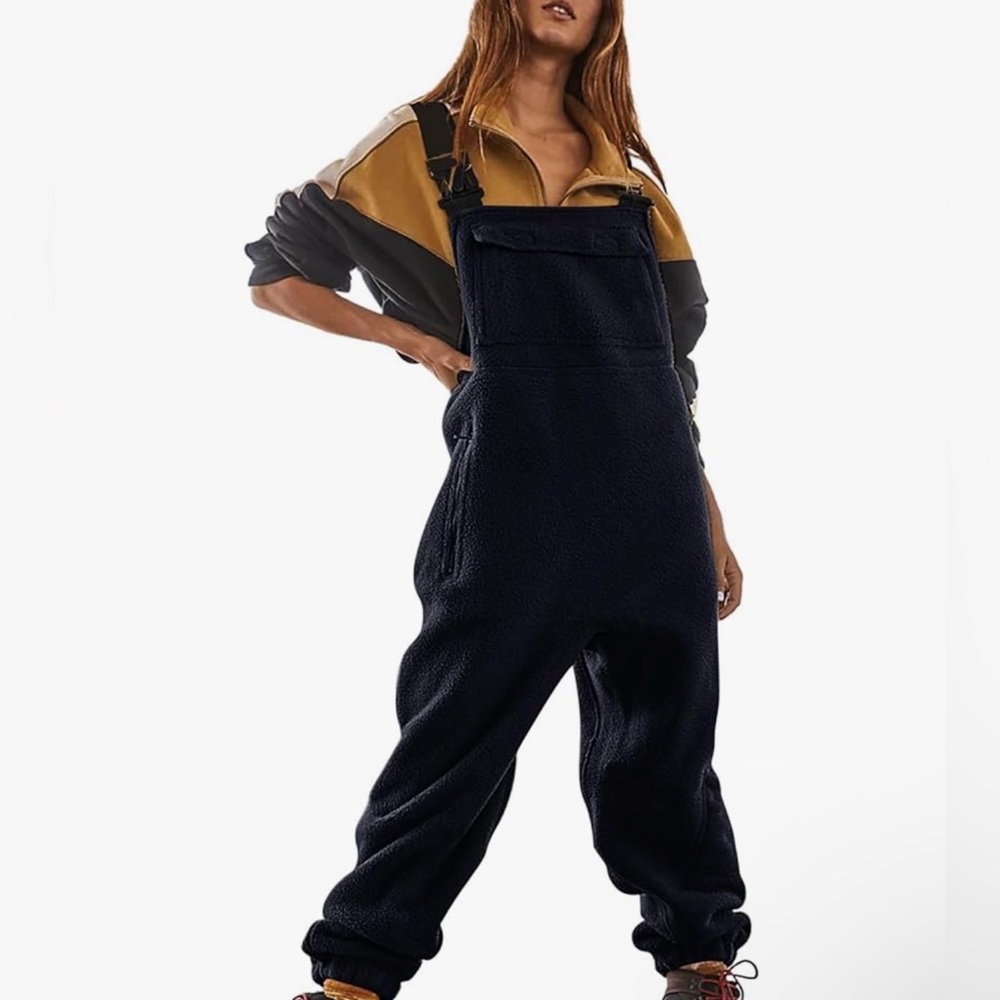Women's Black Fleece Overalls with Front Pockets